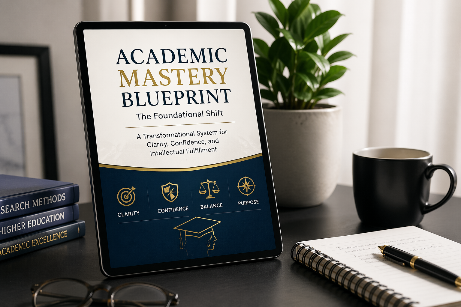 Academic Mastery Blueprint ebook displayed on tablet with study desk setup for clarity confidence and balance