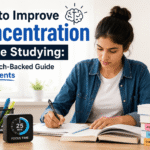 Focused student studying at a desk with books and concentration tips.