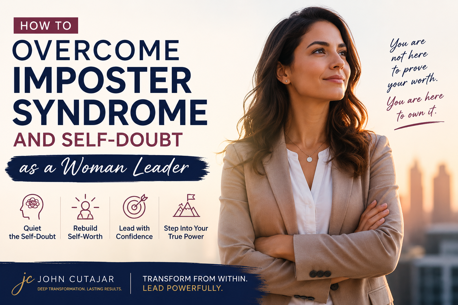 Woman leader overcoming imposter syndrome and self-doubt with confidence and authentic leadership.